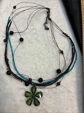 Vintage Teal & Black Multi-Strand Necklace with Green Flower Pendant